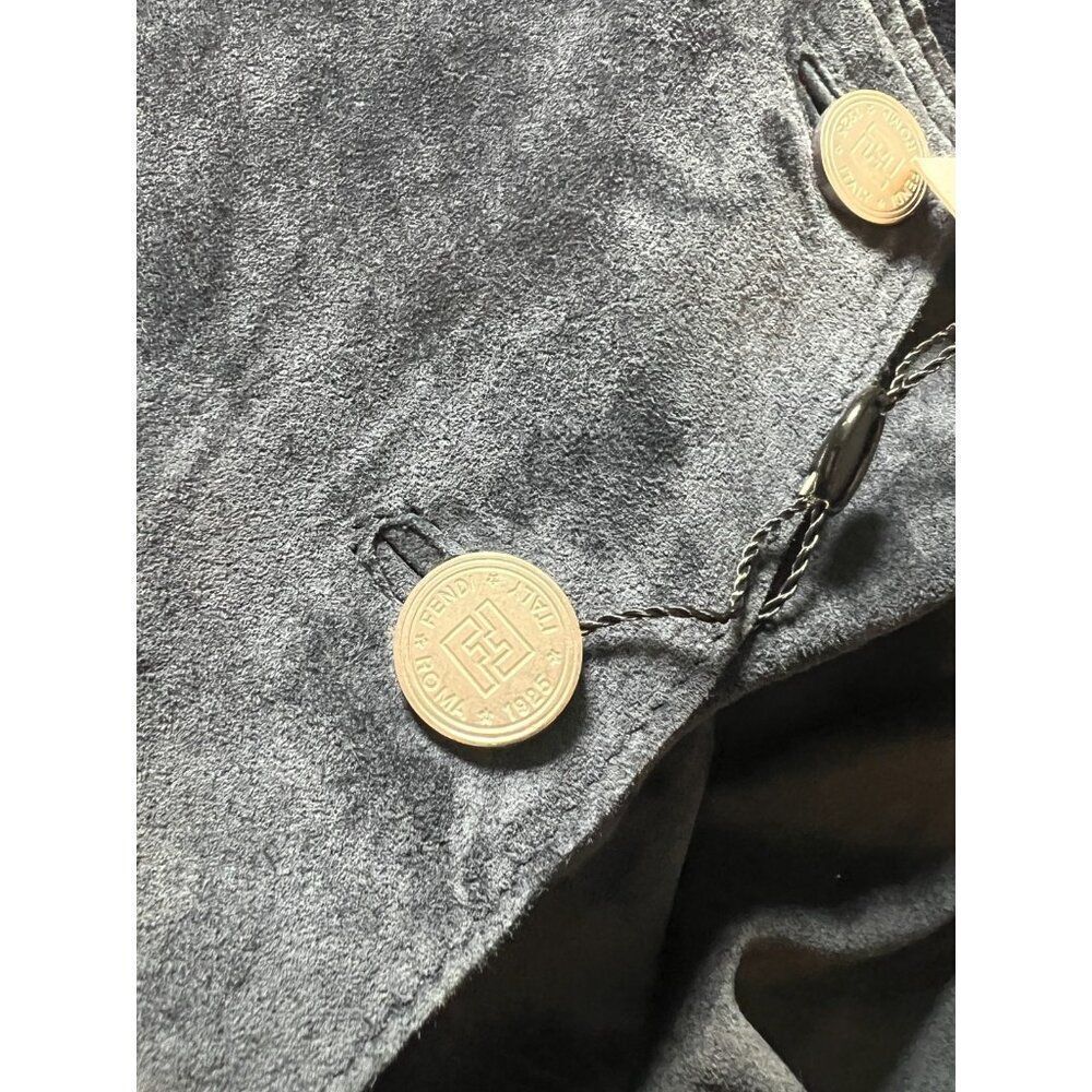 Vintage Fendi Suede Bomber Jacket Moto Leather SZ 42 Medium Navy Blue Logo NWT - Picture 10 of 11
